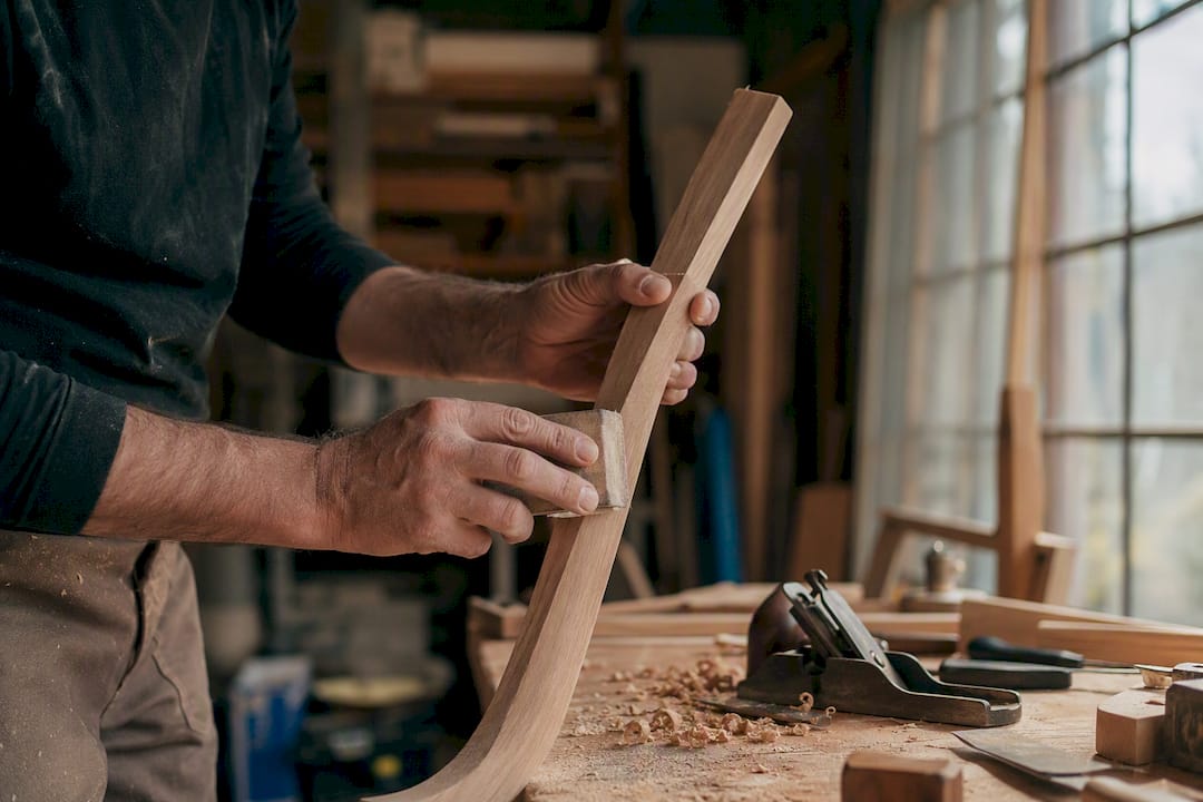 Hands shaping wood in furniture workshop
