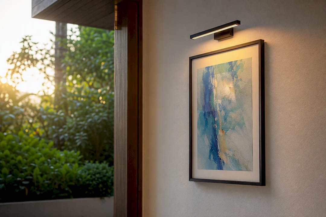 Picture light glowing above framed art