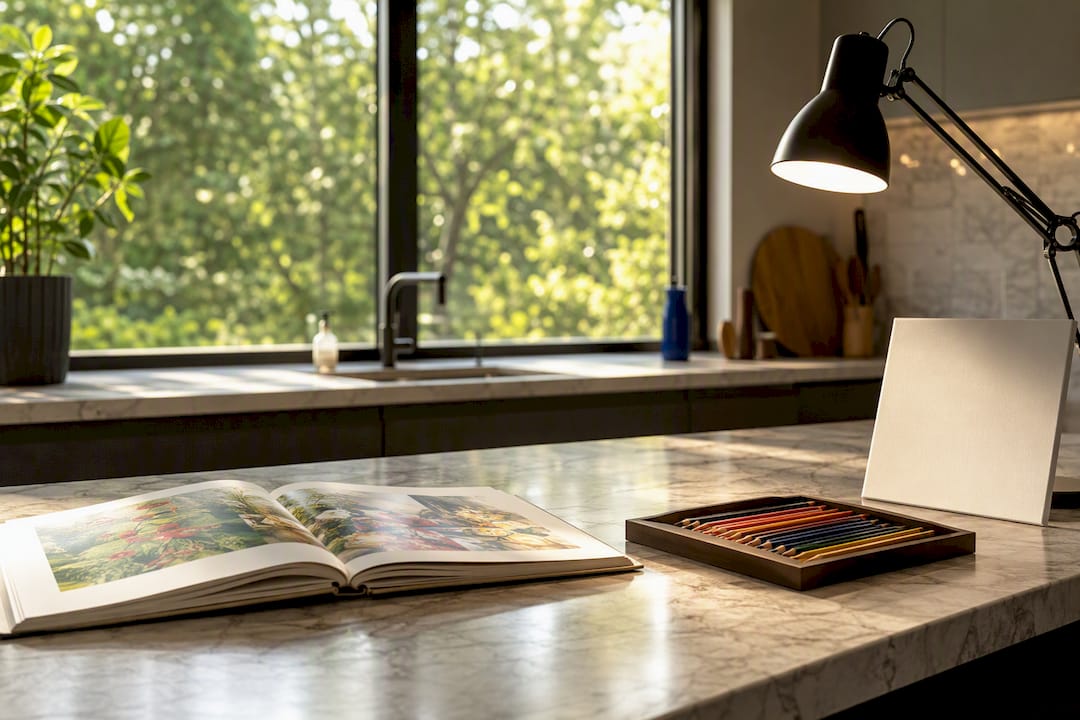 Art books, paints and picture light on table