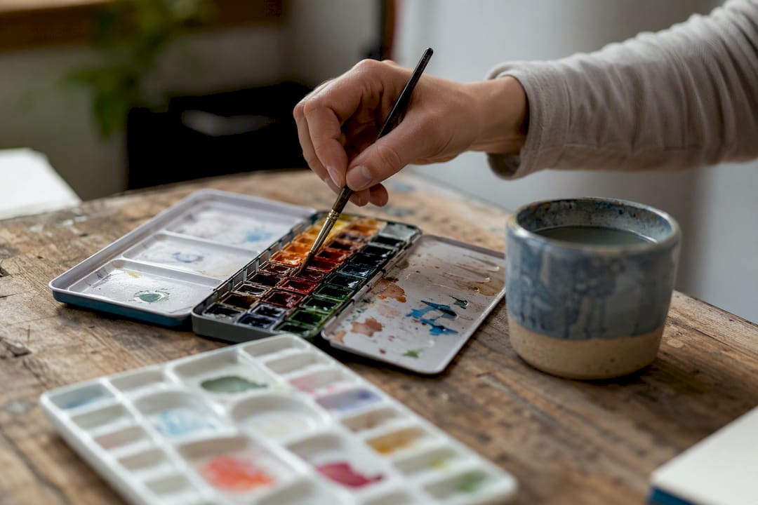 Hand selecting brush from watercolor set
