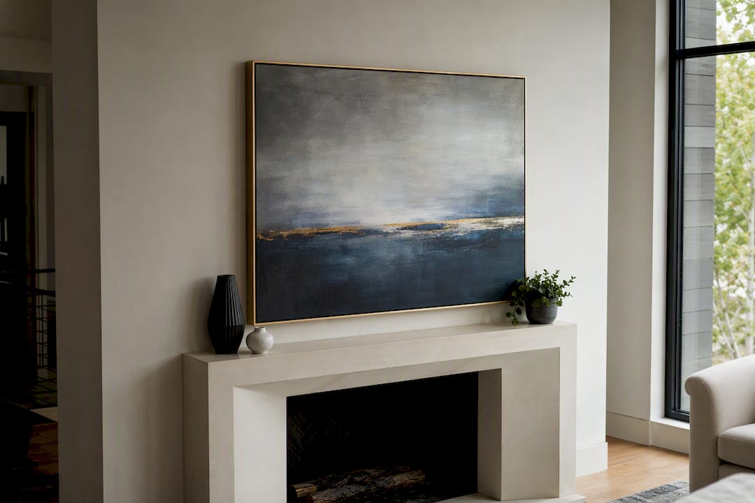 Large art piece sized correctly above fireplace mantel