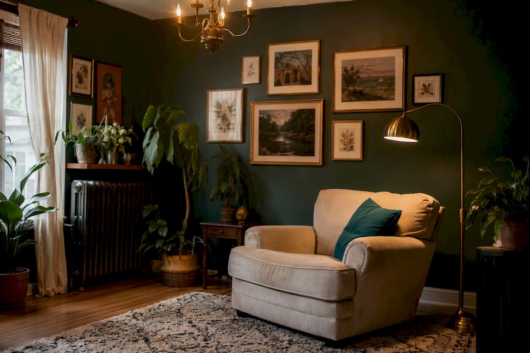 Cozy moody living room with layered lighting