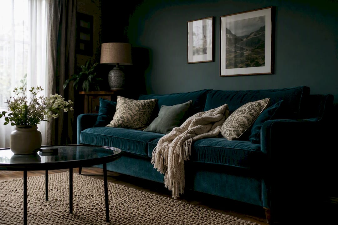 Living room with navy and forest green walls