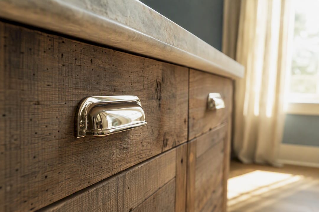 Brass hardware detail on wooden drawer