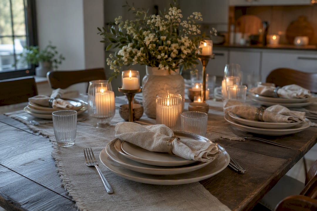 Layered tablescape with warm lighting