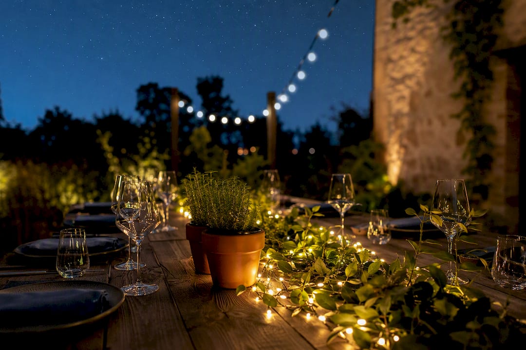 Greenery runner with fairy lights and lanterns