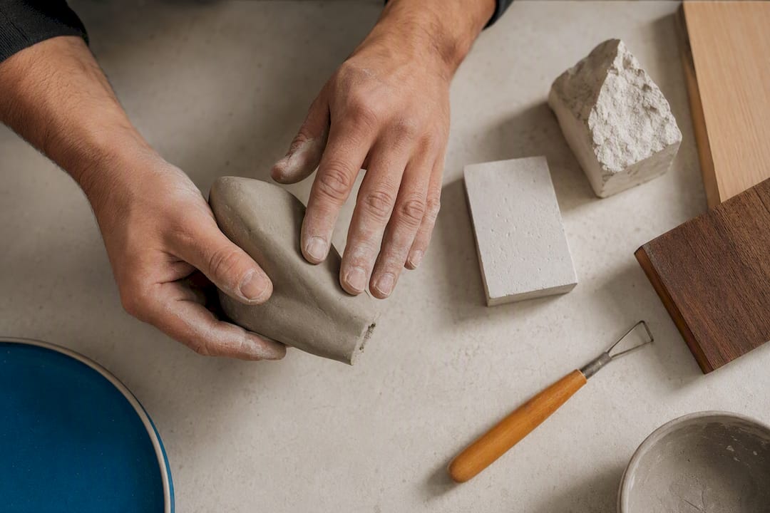 Sculptor testing materials beside clay form