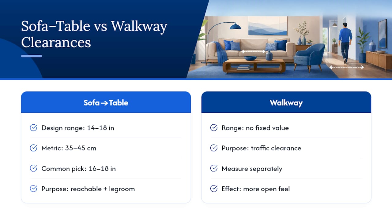 Diagram contrasting table gap and walkway clearance