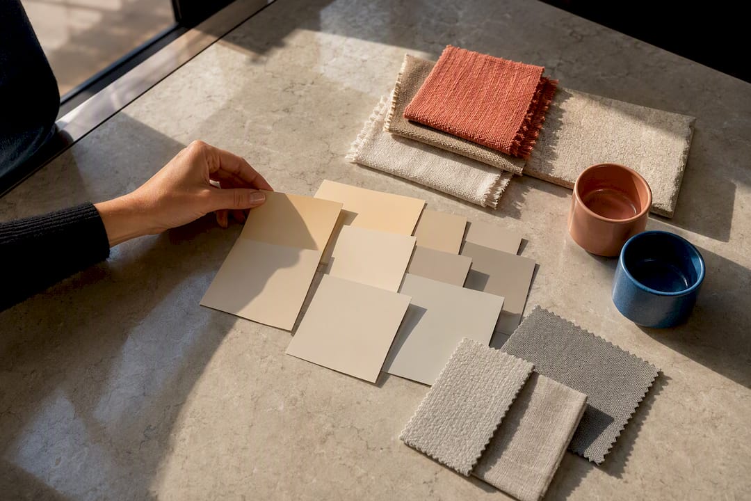Beige paint and fabric samples with accent colors