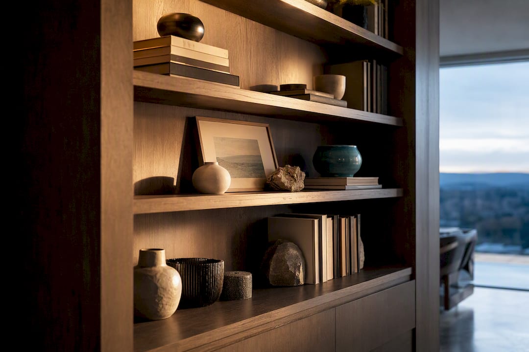 Styled bookshelf with layered decorative groupings