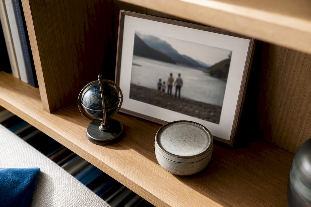Framed photo and keepsakes styled on shelf