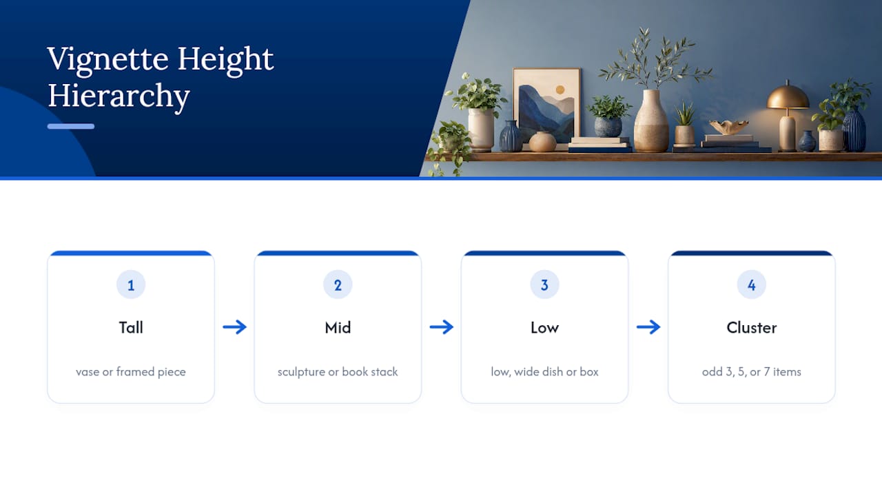 Three-part height hierarchy for shelf vignette
