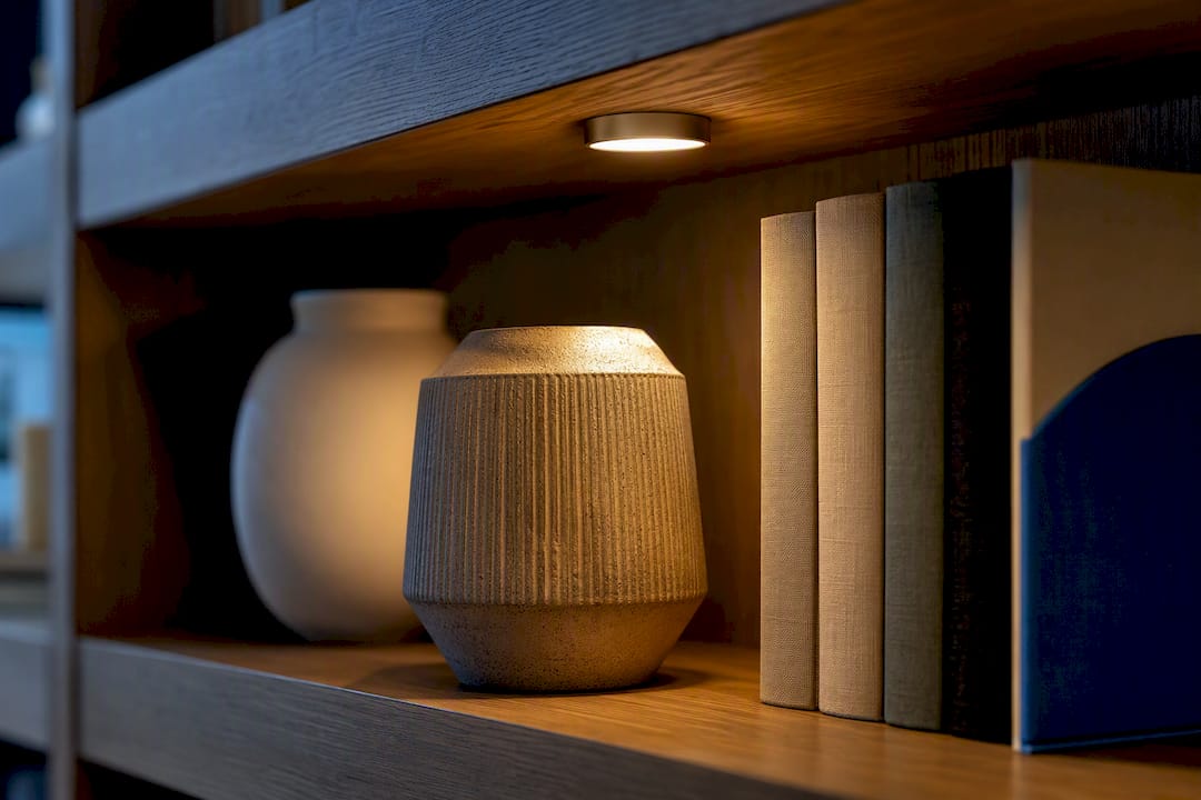 Warm puck light illuminating shelf decor