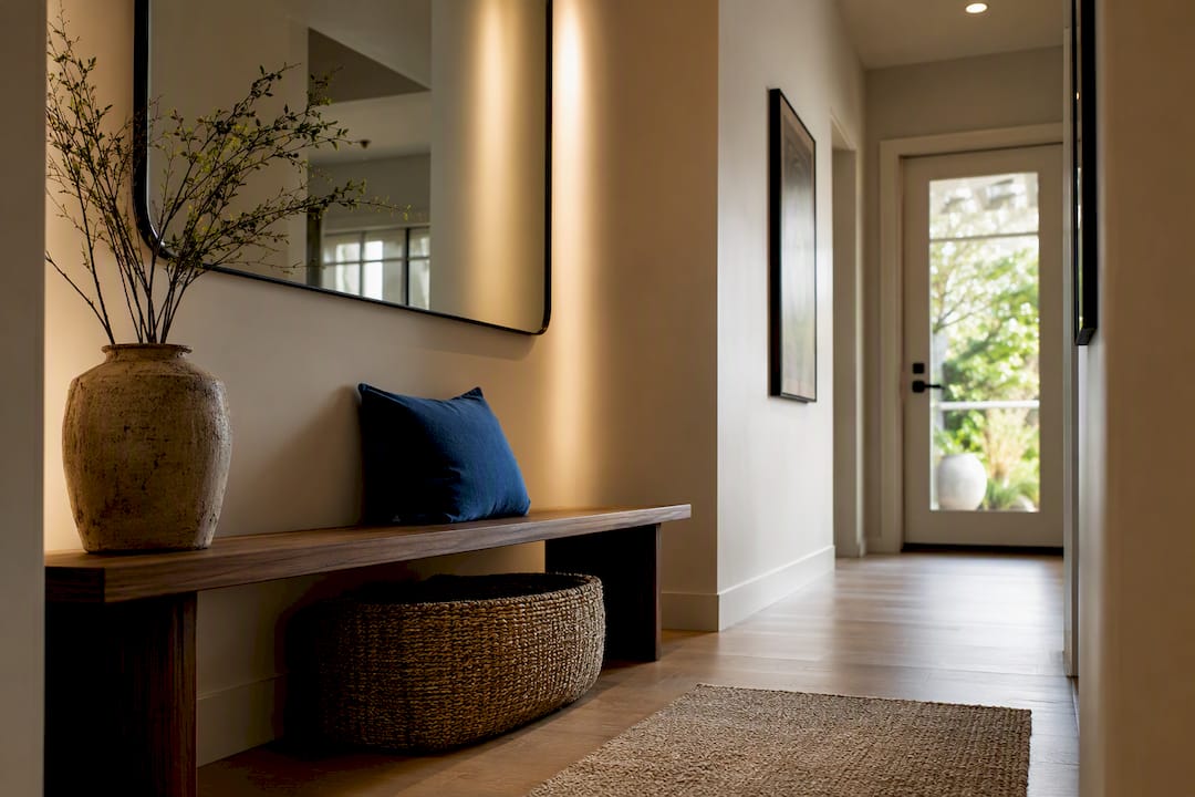 Styled entryway with bench basket and mirror