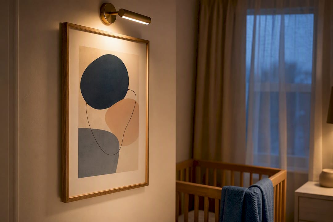 Warm picture light illuminating nursery artwork