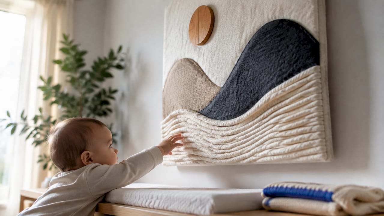 Infant reaching toward a textured wall hanging