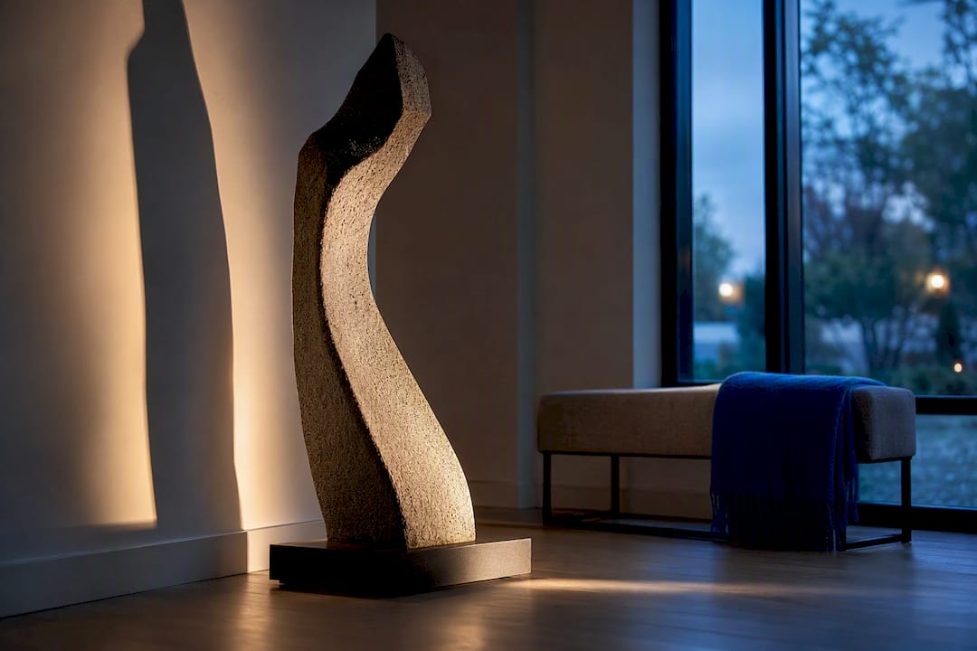 Stone sculpture lit dramatically in a room corner