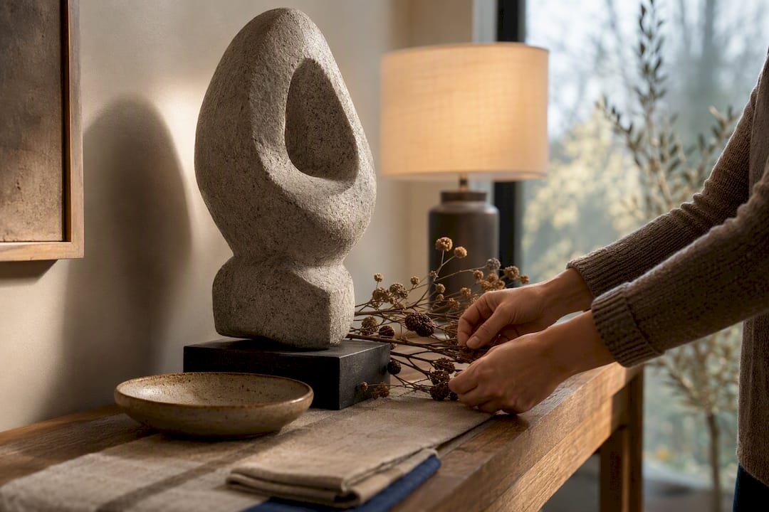 Stone sculpture styled with dried autumn branches