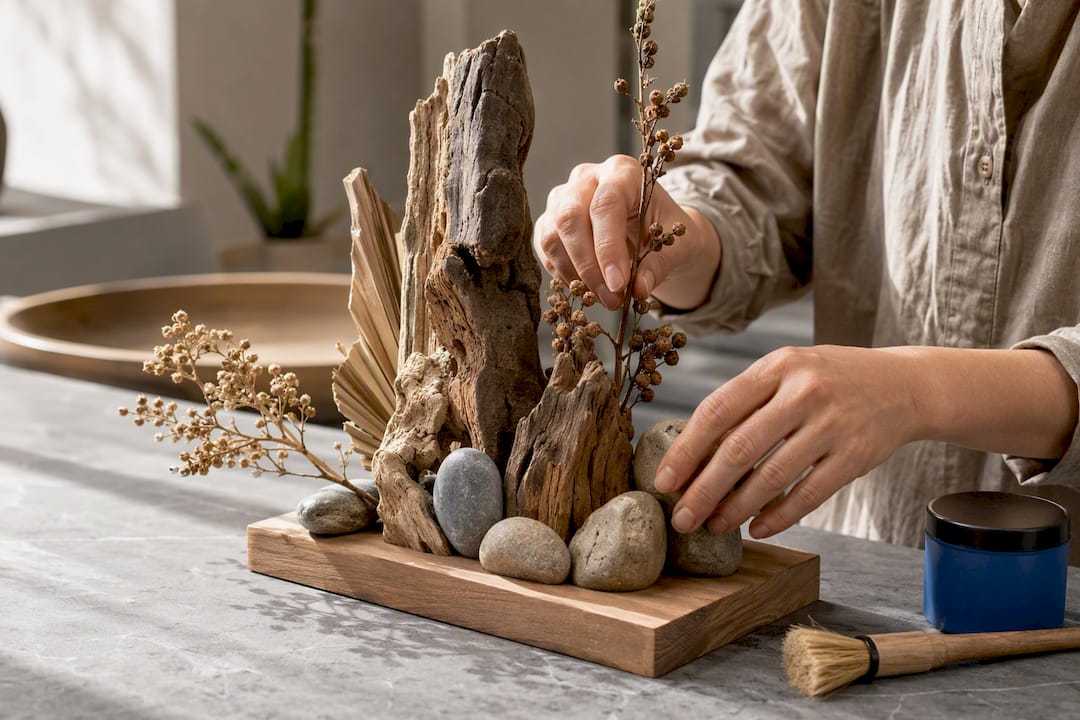 Hands arranging driftwood and stones into sculpture