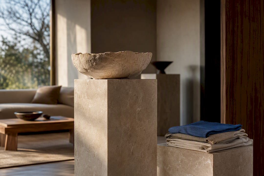 Layered pedestal display in a modern living room