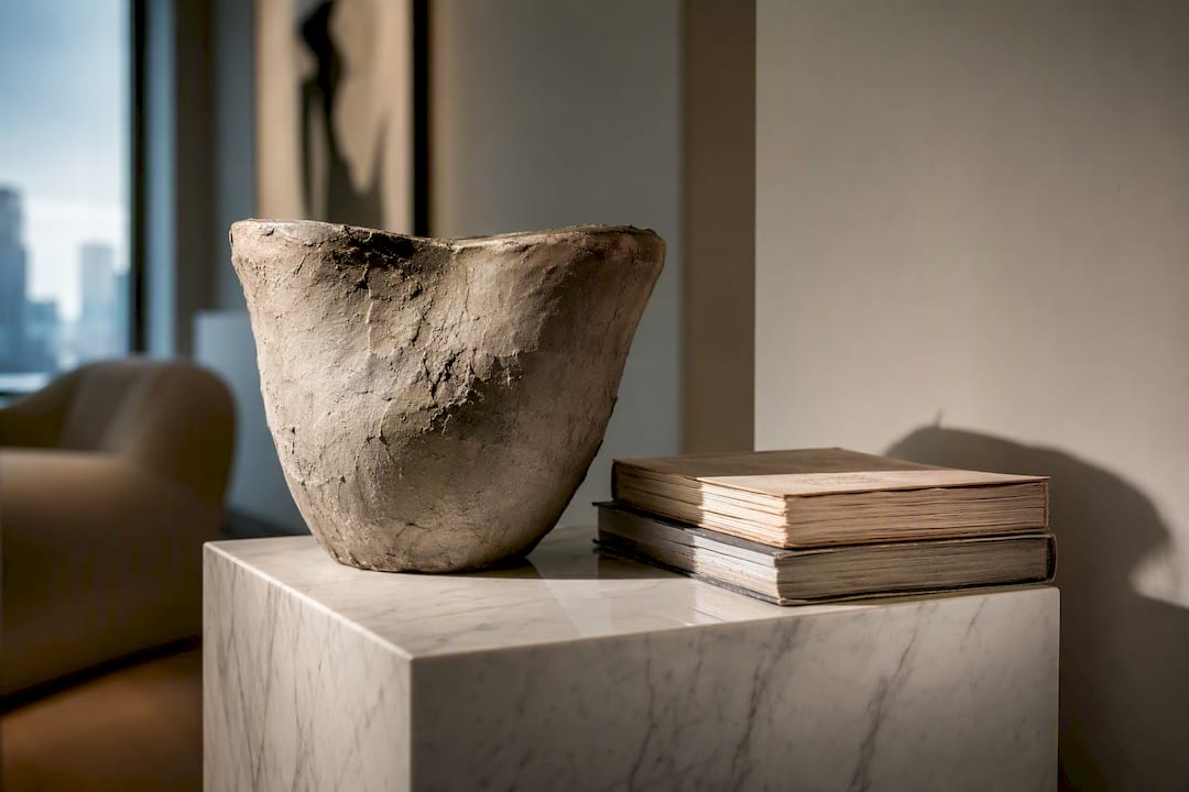 Rough ceramic vessel on marble pedestal