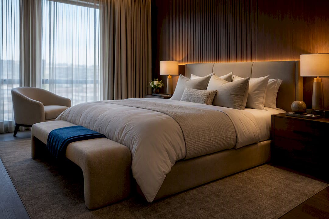 Contemporary luxury bedroom with layered bedding