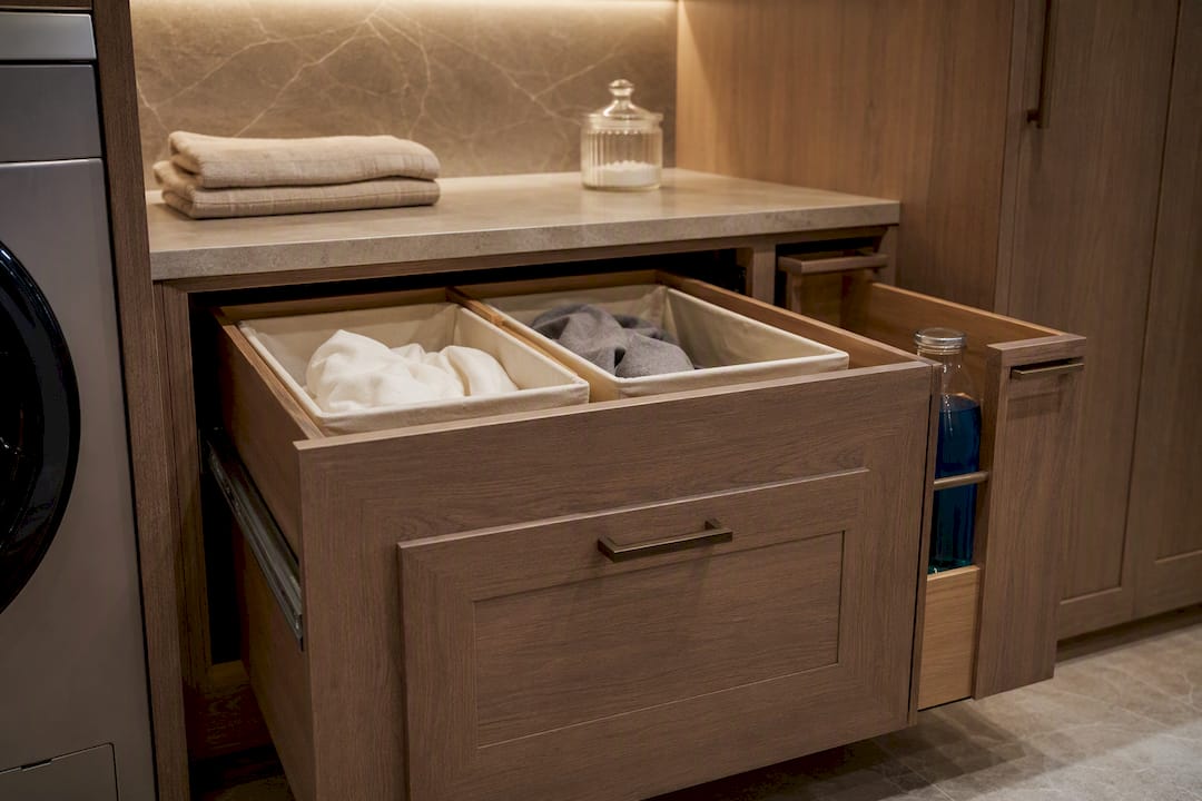 Pull-out hampers inside custom cabinetry