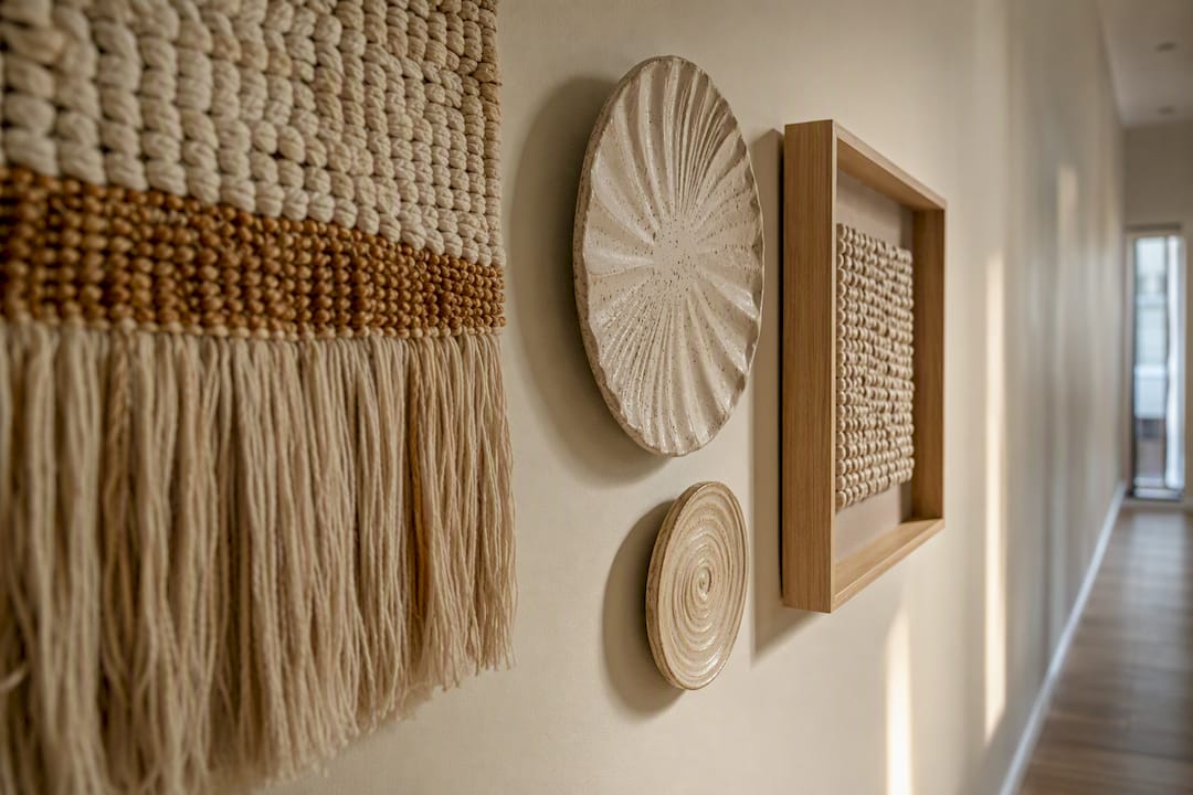 Textured mixed media pieces on hallway wall