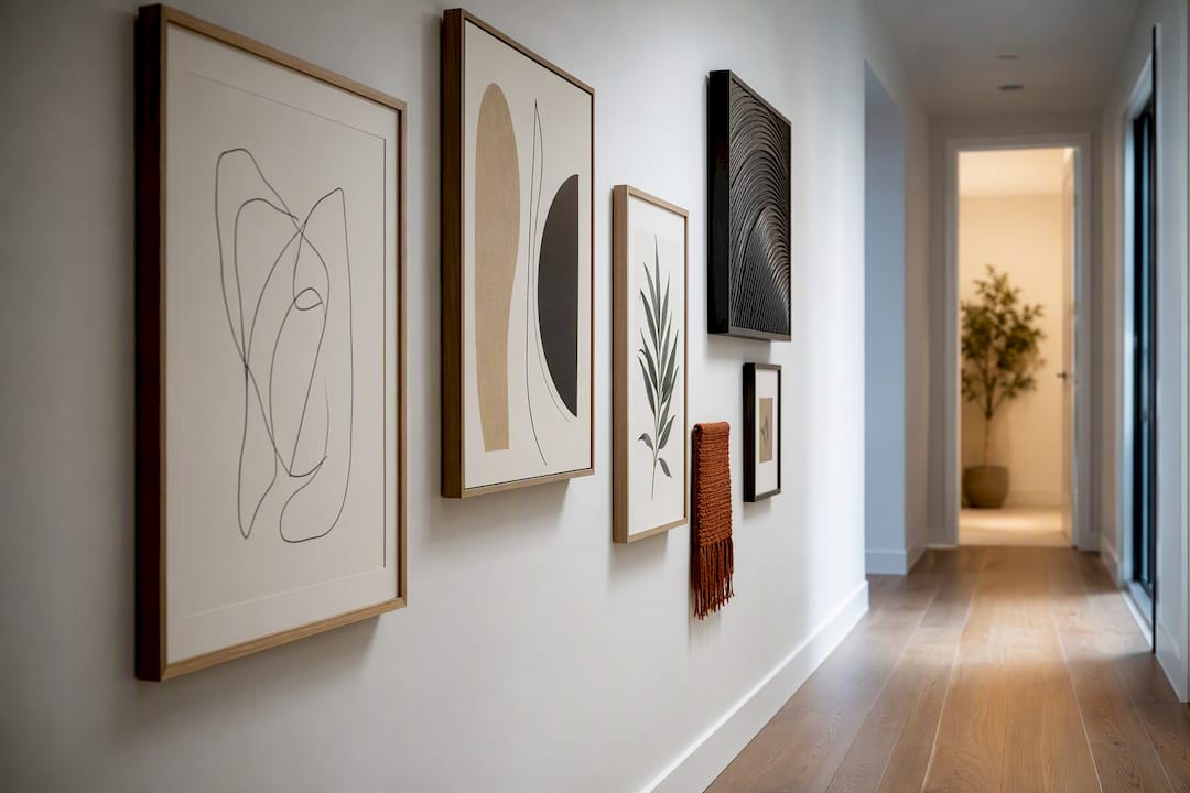 Curated artwork arranged along a modern hallway