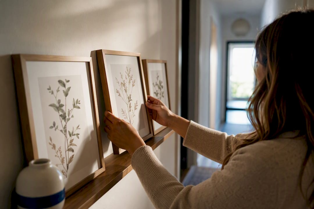 Hands changing framed art on hallway ledge