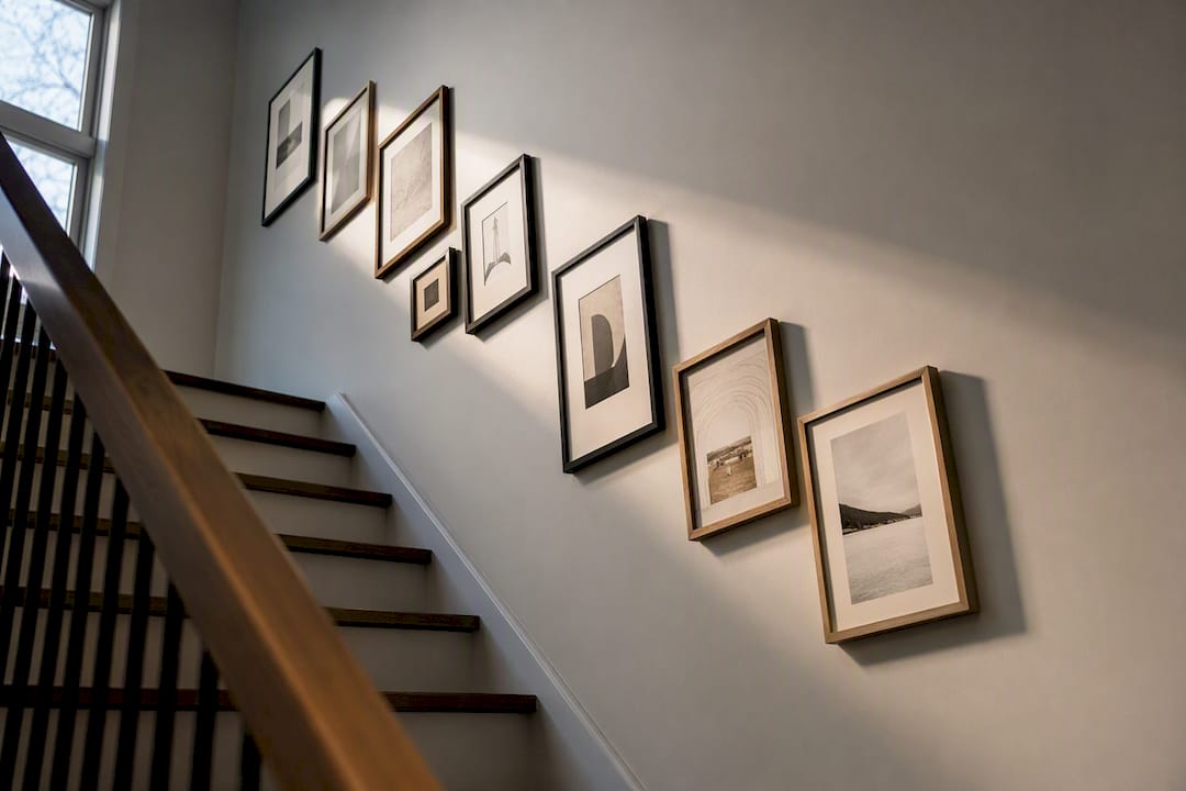 Gallery wall arranged along a staircase slope