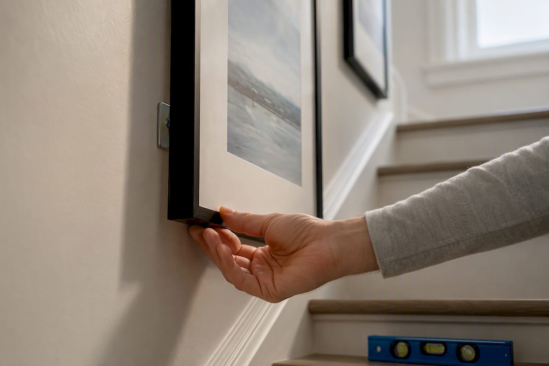 Hand checking secure frame hanging hardware