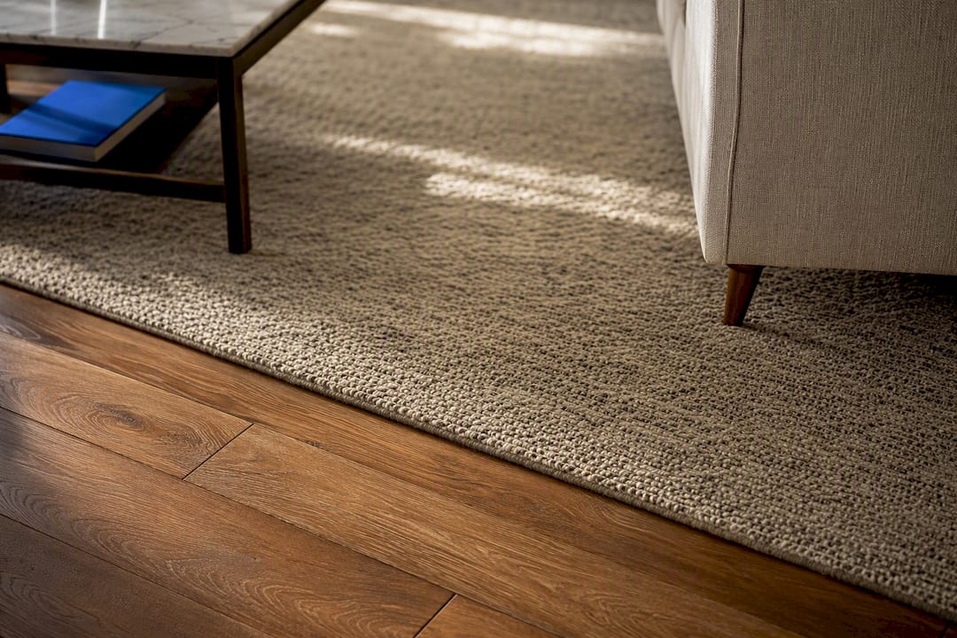 Wool rug layered over hardwood flooring