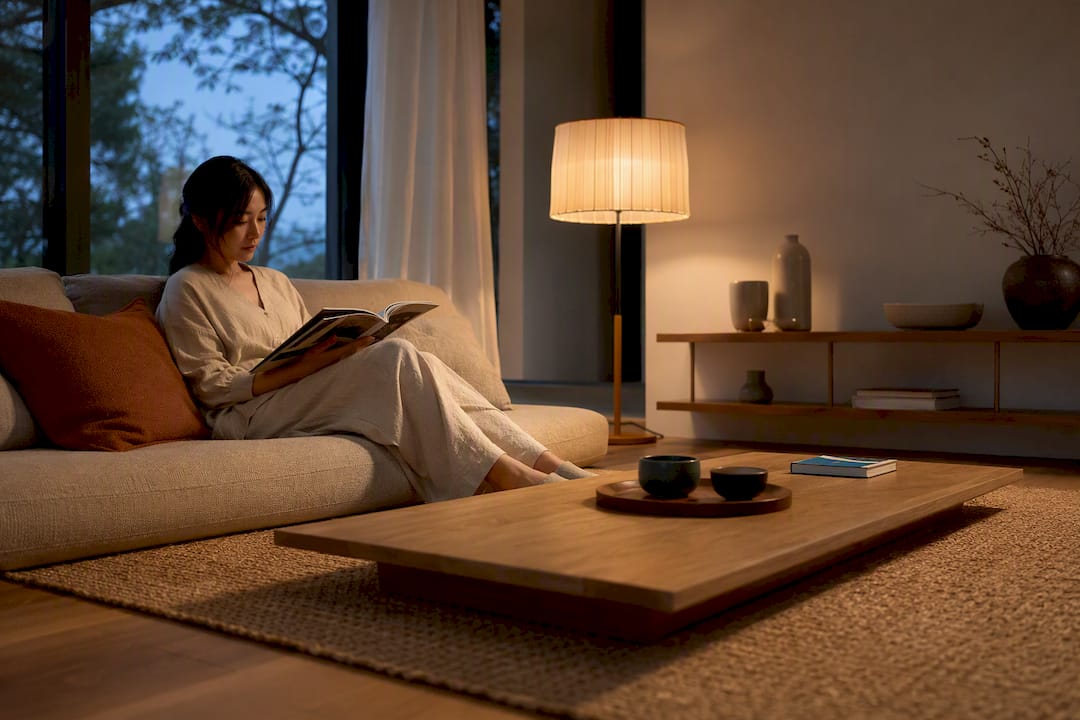 Low Japandi living room with warm layered lighting
