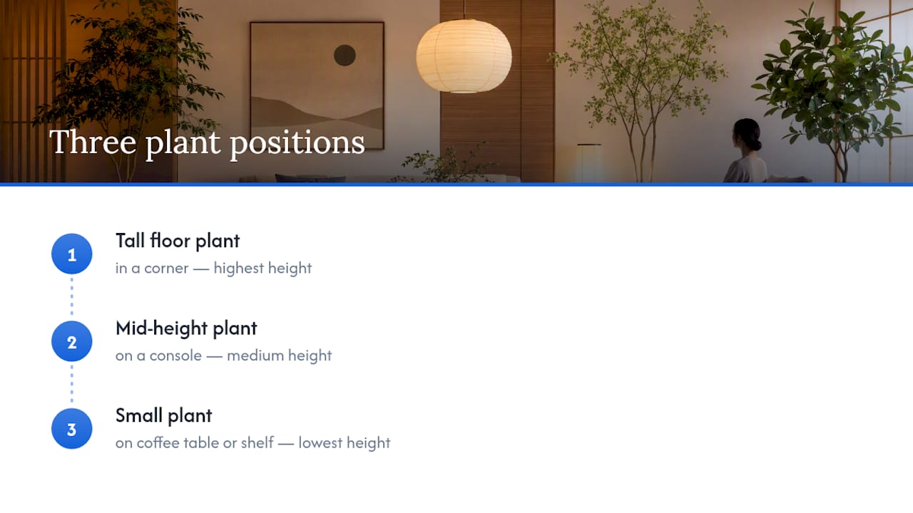 Three-height plant arrangement for Japandi rooms