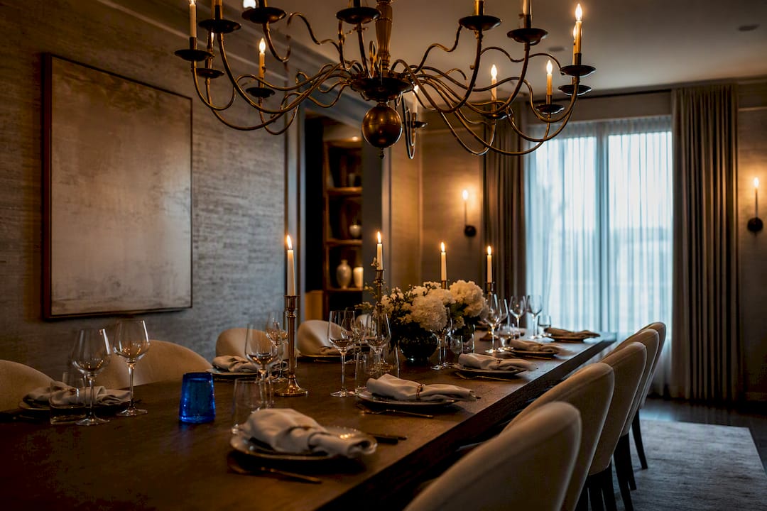 Formal dining room with chandelier and chairs