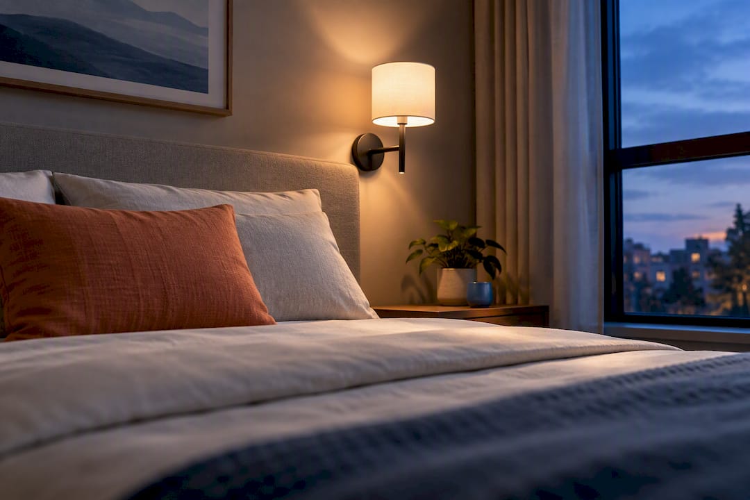 Bedroom sconce positioned above mattress