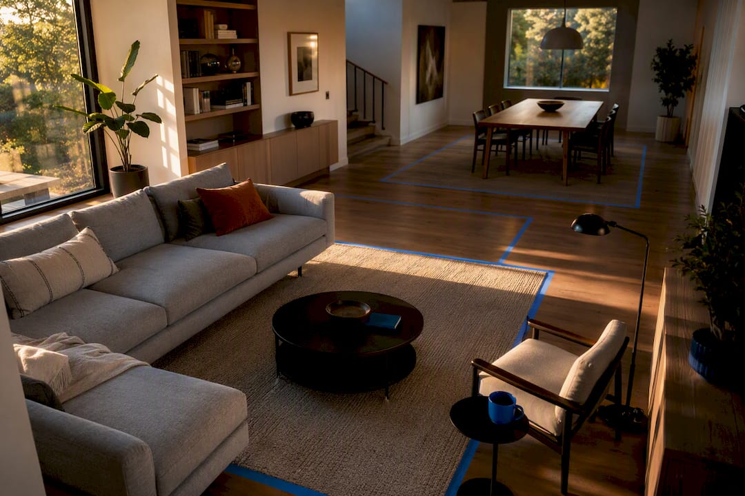 Open concept room with floating furniture zones