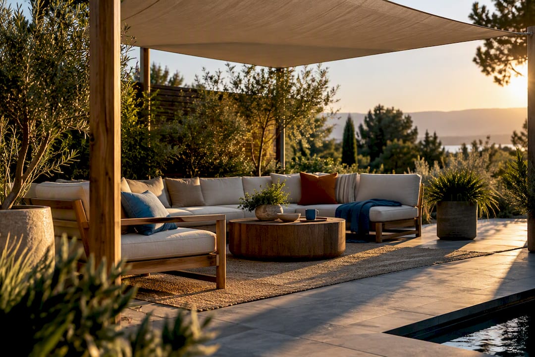Shaded outdoor living room with planters
