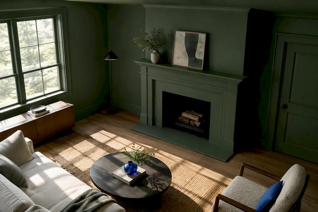 Color drenched living room with matching surfaces