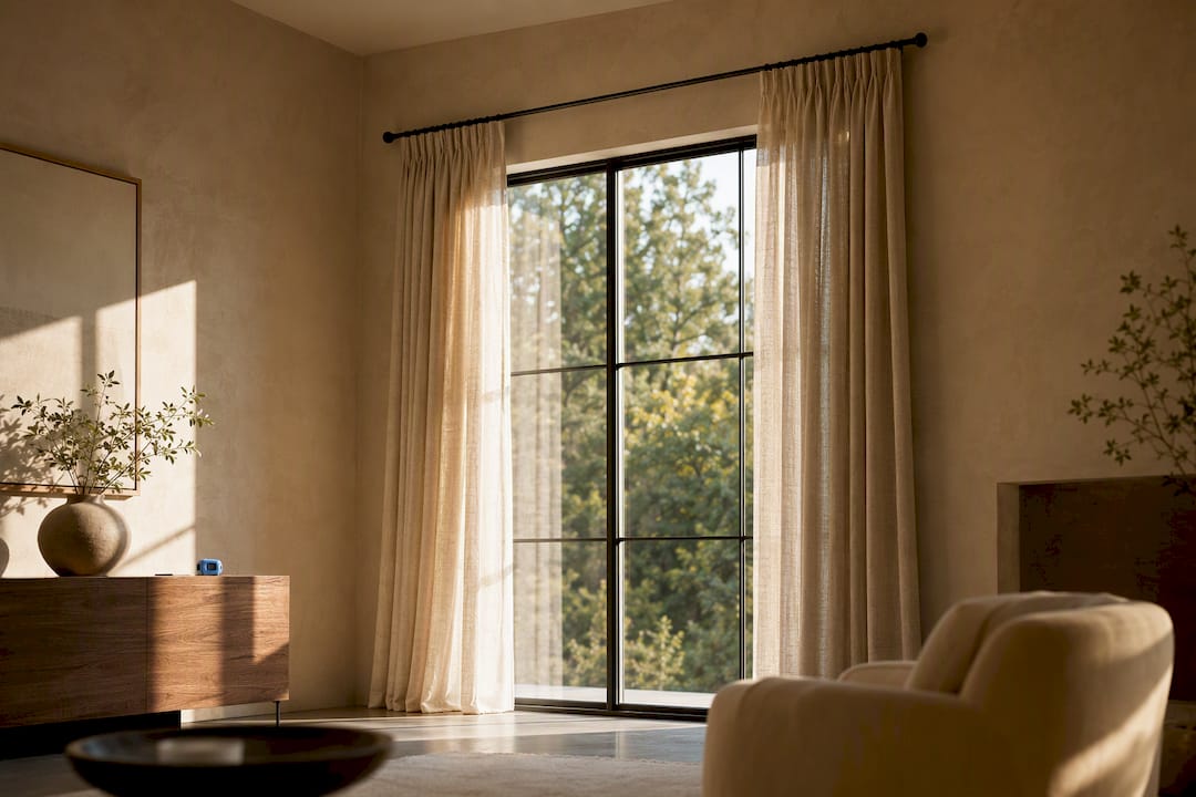 Curtains mounted high and wide around window