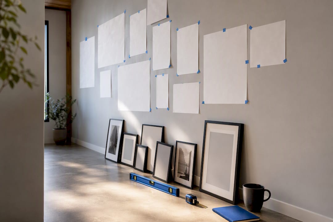 Gallery wall templates arranged before installation