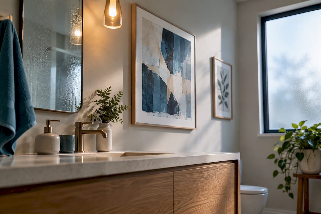 Curated framed art in a modern bathroom