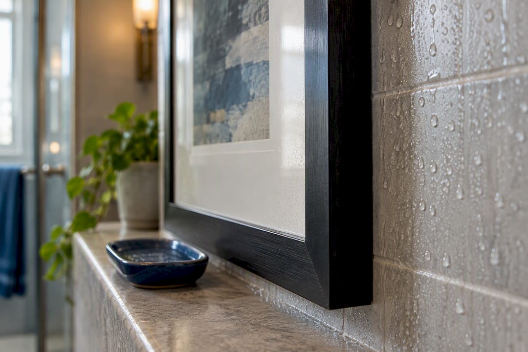 Protected artwork frame beside humid bathroom tile