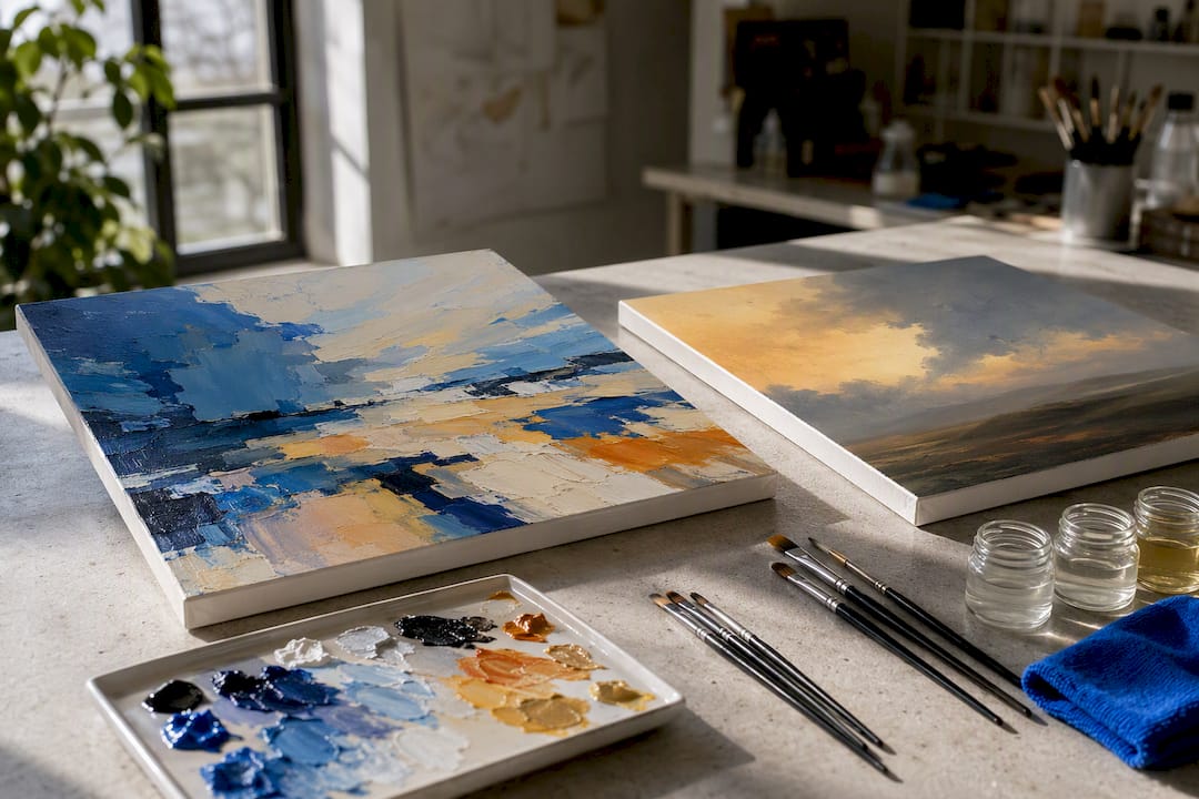 Acrylic and oil painting studies in studio