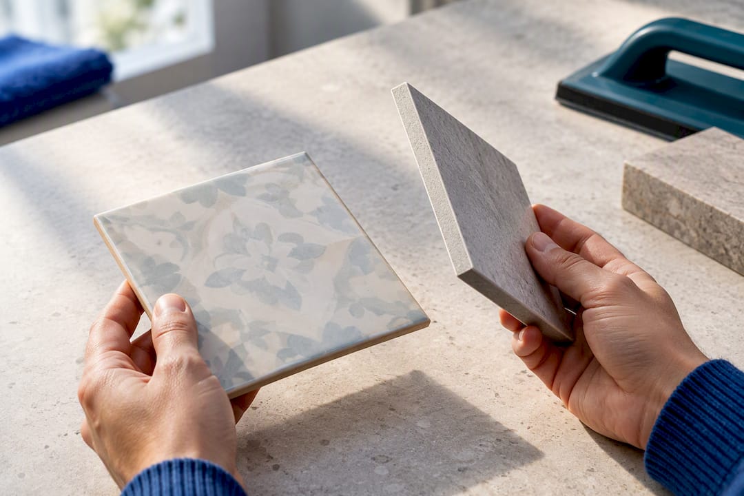 Hands comparing ceramic and porcelain tile samples
