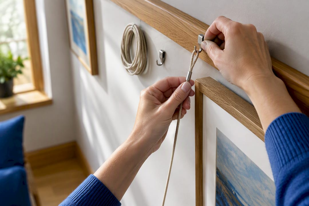 Hands attaching artwork cord to picture rail