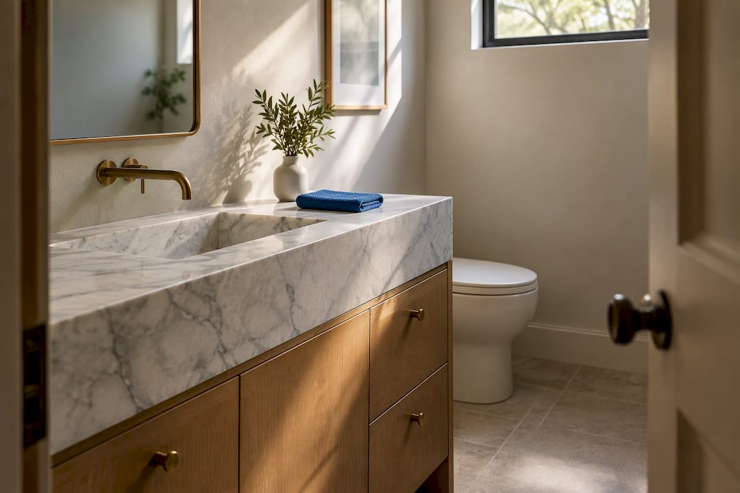 Honed marble vanity in formal powder room