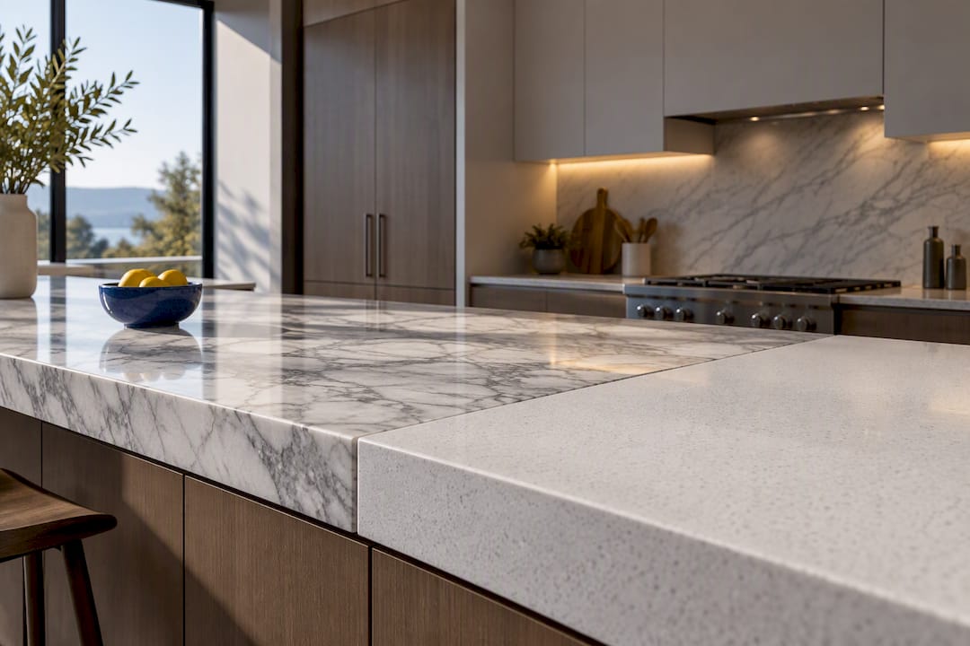 Quartz and marble countertops in modern kitchen
