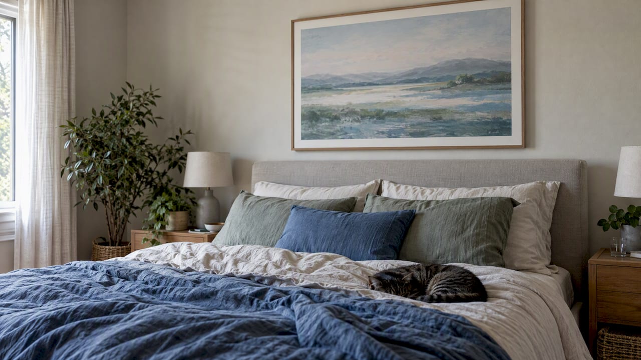Calm bedroom with restful framed artwork